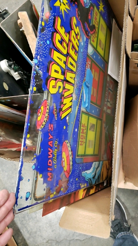 BOX LOT- MISC ARCADE GAME GLASS AND OVERLAYS ETC.