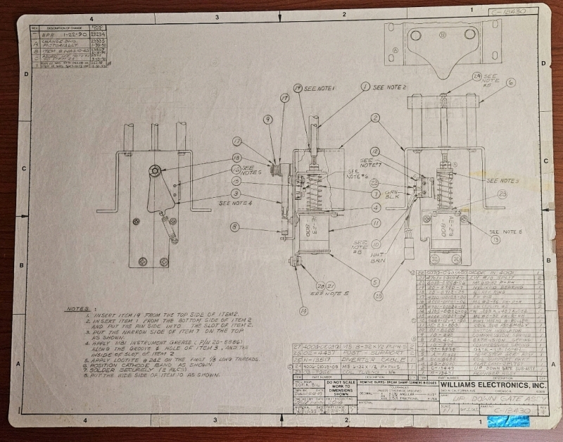WILLIAMS ELECTRONICS MFG. BLUEPRINT DRAWING UP/DOWN GATE ASSY
