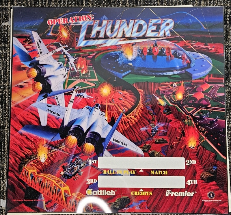 OPERATION THUNDER PINBALL BACK GLASS TRANSLITE N.O.S.