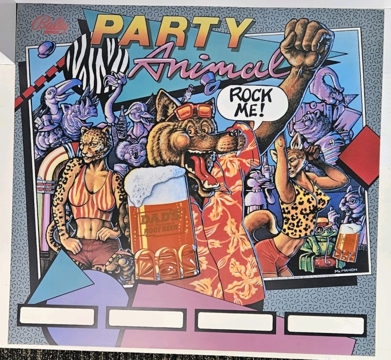 PARTY ANIMAL BALLY PINBALL BACK GLASS TRANSLITE N.O.S.