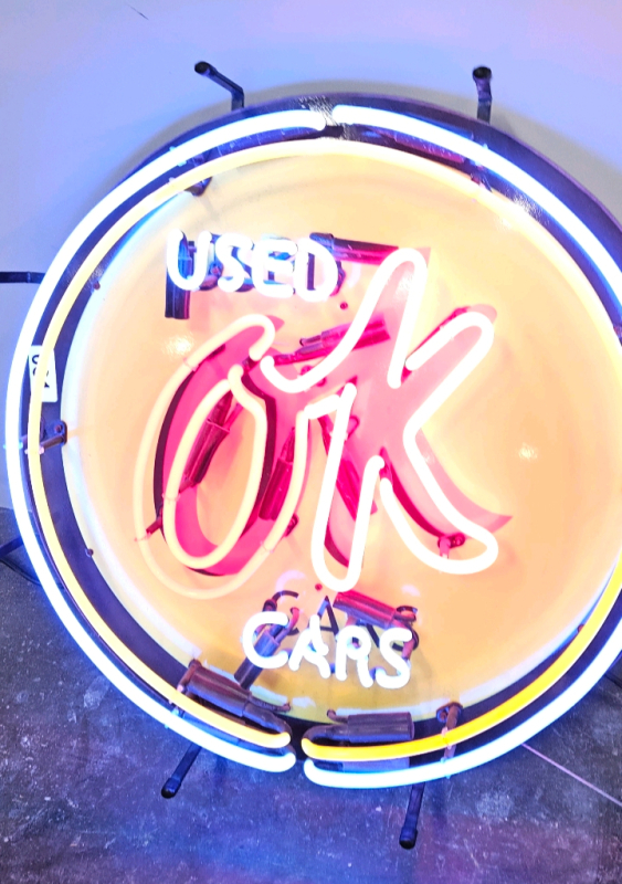 NEON "OK USED CARS" HANGING 26" LIGHTED NEON SIGN