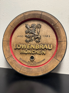 LOWENBRAU MUNCHEN HANGING BARREL KEG SPOUT TOP BEER SIGN