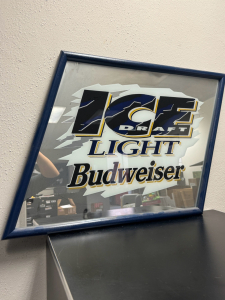 BUDWEISER ICE DRAFT LIGHT FRAMED DIAMOND SHAPED MIRROR SIGN