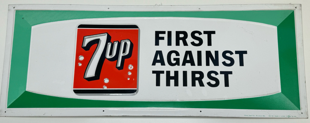 1960s 7up FIRST AGAINST THIRST VINTAGE METAL SIGN