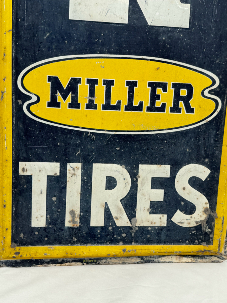 RARE VINTAGE MILLER TIRES TALL TIN ADVERTISING SIGN