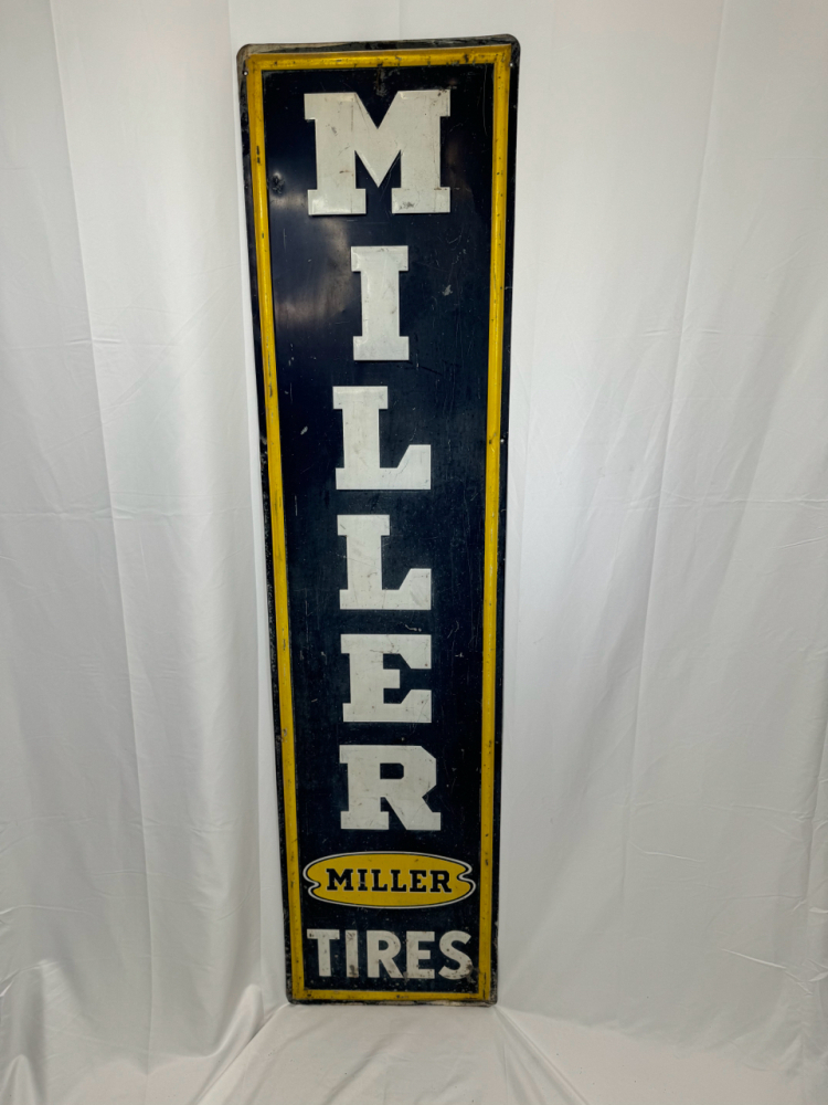 RARE VINTAGE MILLER TIRES TALL TIN ADVERTISING SIGN