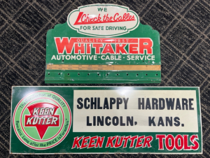 VINTAGE WHITAKER AUTOMOTIVE CABLES DISPLAY RACK AND KEEN KUTTER TOOLS SIGN