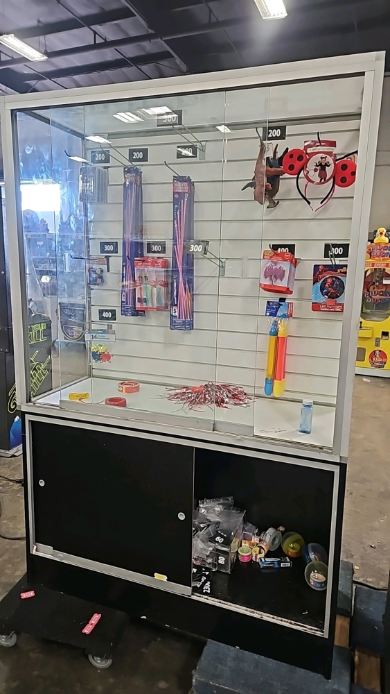 REDEMPTION CENTER GLASS DISPLAY CASE 72 TALL W/ STORAGE