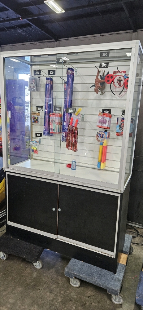 REDEMPTION CENTER GLASS DISPLAY CASE 72 TALL W/ STORAGE