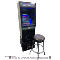 VERY RARE ARCADE1UP TRON/DISCS OF TRON ARCADE WITH STOOL, RISER LIT DECK & MARQUEE!