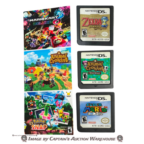 NINTENDO DS GAME LOT: SUPER MARIO 64 DS, ANIMAL CROSSING WILD WORLD, ZELDA PHANTOM HOURGLASS W/NINTENDO SWITCH PROMOTIONAL ADVERTISEMENT
