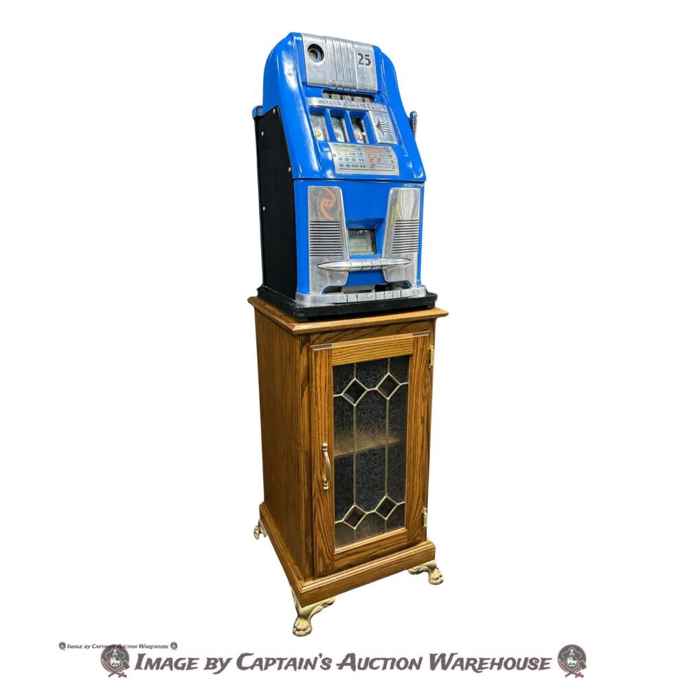 MILLS 25-CENT BLUE BELL c.1950s ANTIQUE SLOT MACHINE WITH STAND