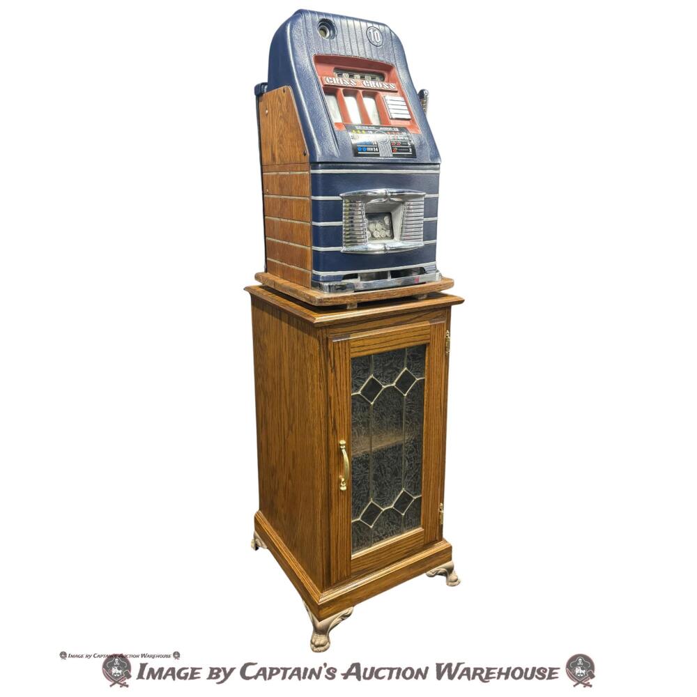 MILLS CRISS-CROSS 10-CENT 1940s MECHANICAL SLOT MACHINE W/ STAND