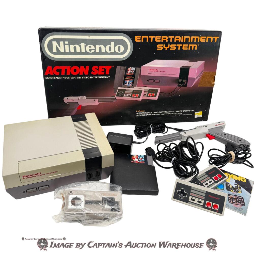 NES CONSOLE SET W/ ZAPPER, CONTROLLERS, BOX & GAME