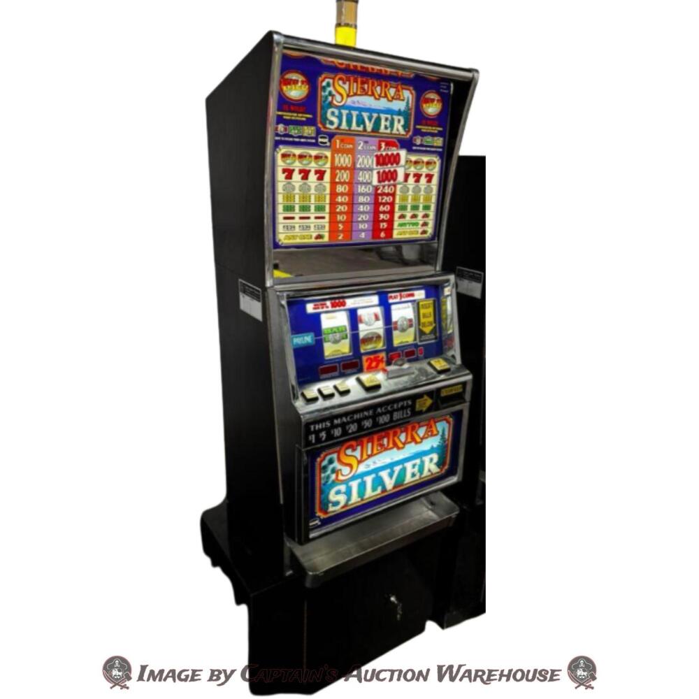 Standing Slot Machine ANTIQUE IGT FLAT TOP $.25 SIERRA SILVER SLOT MACHINE W/STAND