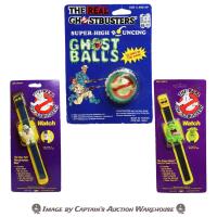 1986 THE REAL GHOSTBUSTERS SUPER-HIGH BOUNCING GHOST BALL; 1988 THE REAL GHOSTBUSTERS THE STAY PUFT MARSHMALLOW MAN WATCH; 80s THE REAL GHOSTBUSTERS "THE GREEN GHOST" WATCH