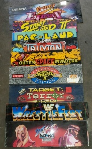 1 LOT- ARCADE GAME FRONT MARQUEES,SIGNS MISC.